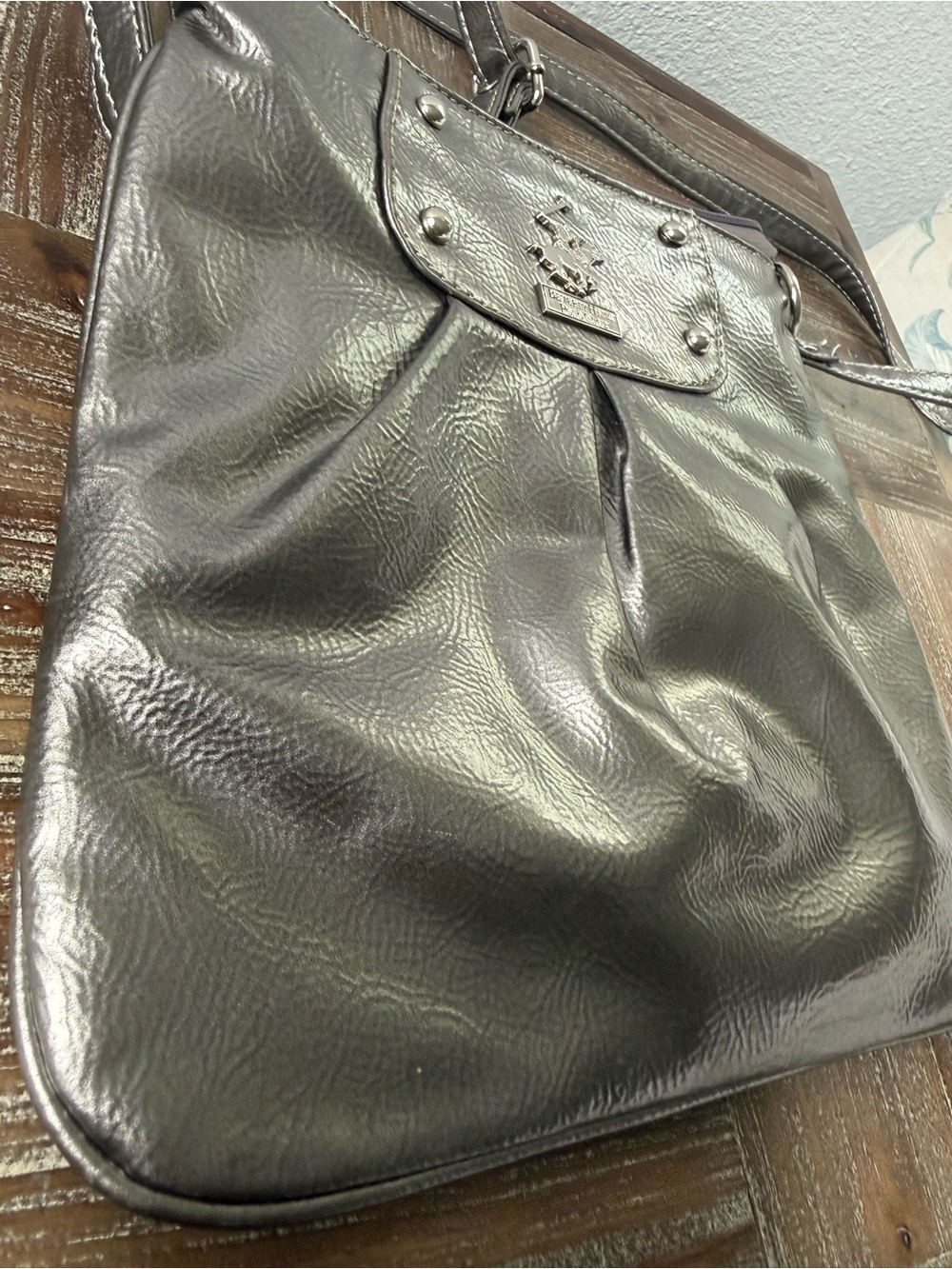 Beverly Hills Polo Club Metallic Gunmetal Crossbody Bag with print/ logo/ used - Picture 2 of 8